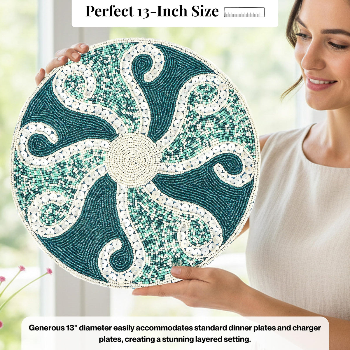 Beaded Placemats 13 Inch Teal Ivory Round Table Mats