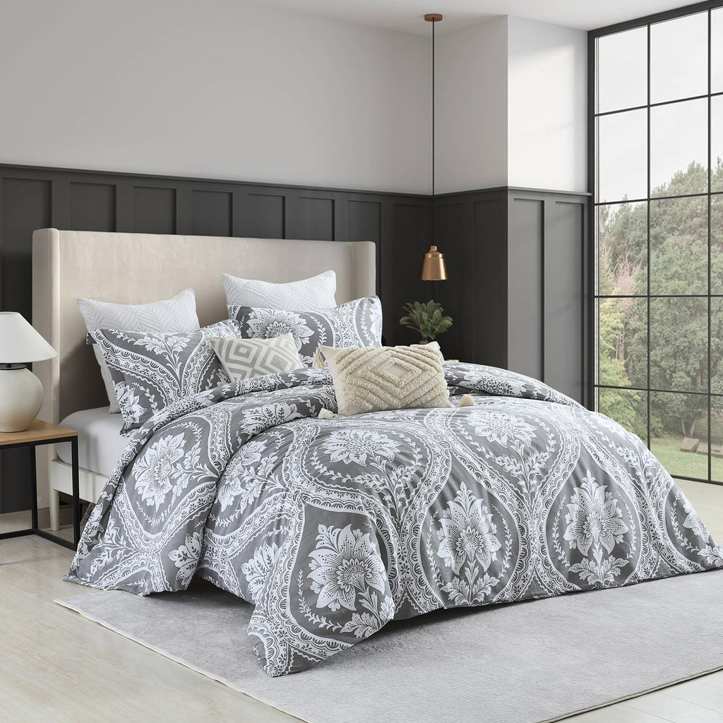 Damask Duvet Cover Set, Gray White, 100% Cotton, 90"x90"