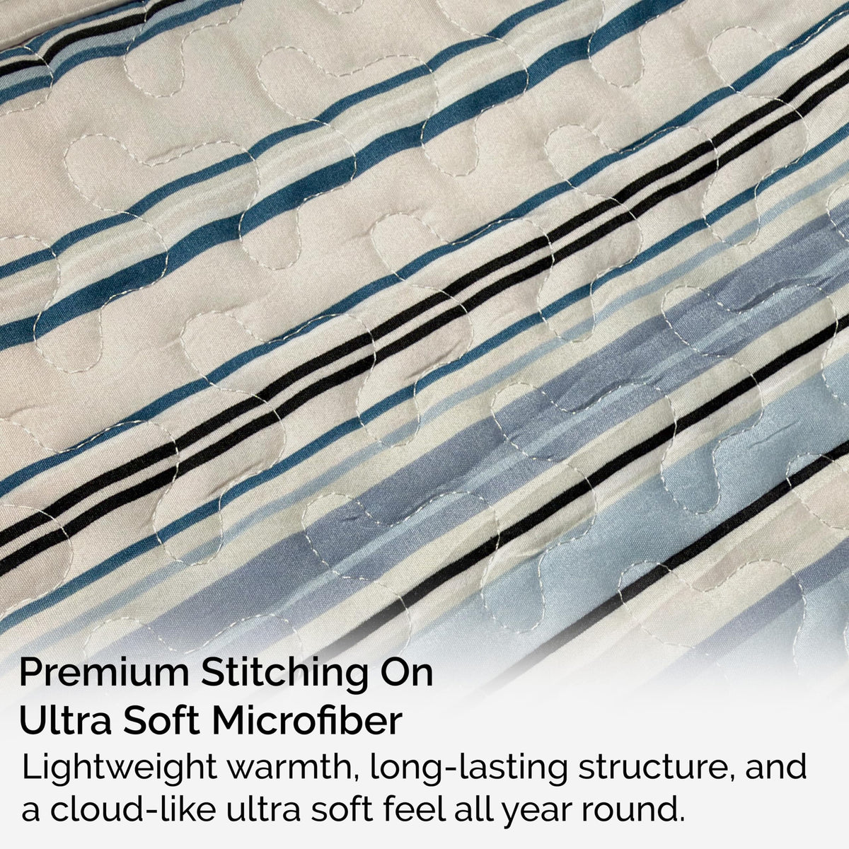 Oversized Quilt Set w/ 2 Quilted Pillow Shams, Blue Stripes Quilts