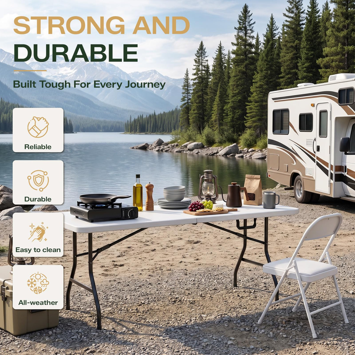 6FT Folding Table, Heavy Duty Plastic Fold-in-Half Utility Table with Handle, Portable Camping Picnic Table with
