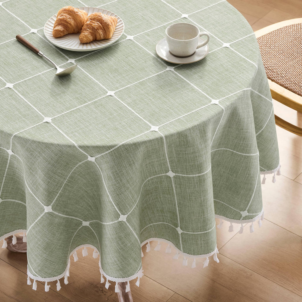 Boho Round Grid Tablecloth with Tassels, Green 60in