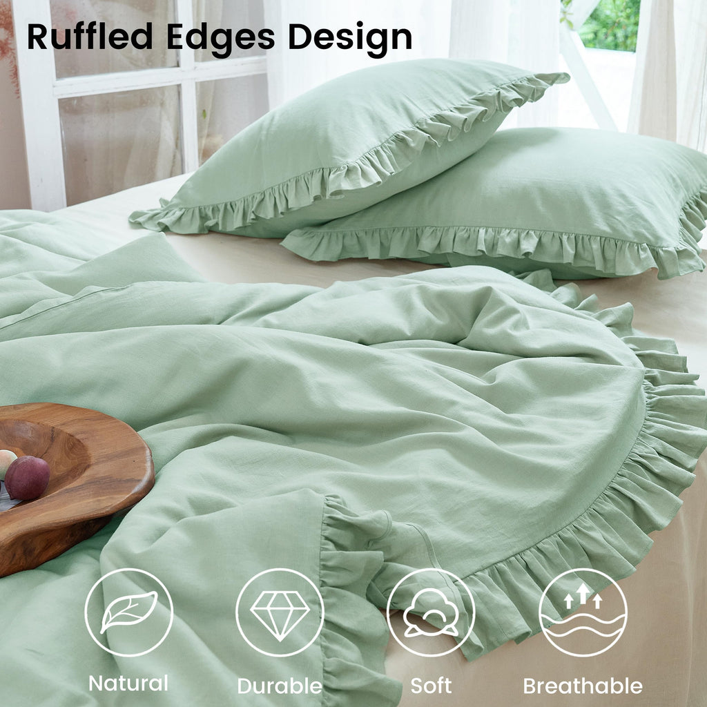 Ruffled Linen Cotton Duvet Cover Set 3Pcs, Breathable Natural Blend with Feminine Ruffle Accents (1 Duvet Cover & 2