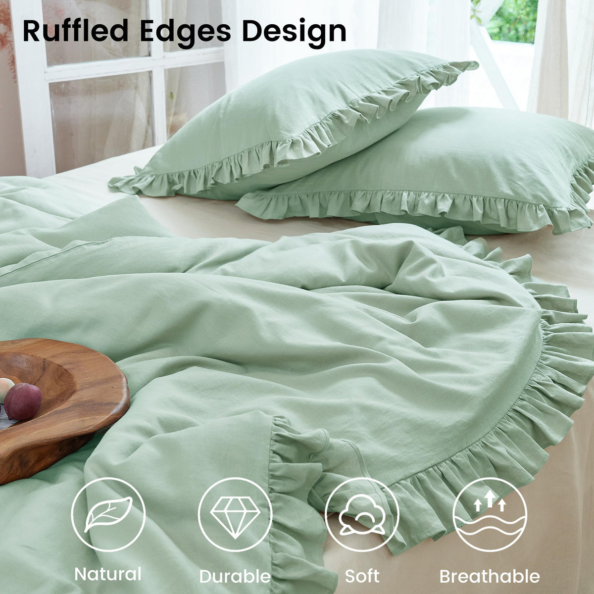 Ruffled Linen Cotton Duvet Cover Set 3Pcs, Breathable Natural Blend with Feminine Ruffle Accents (1 Duvet Cover & 2