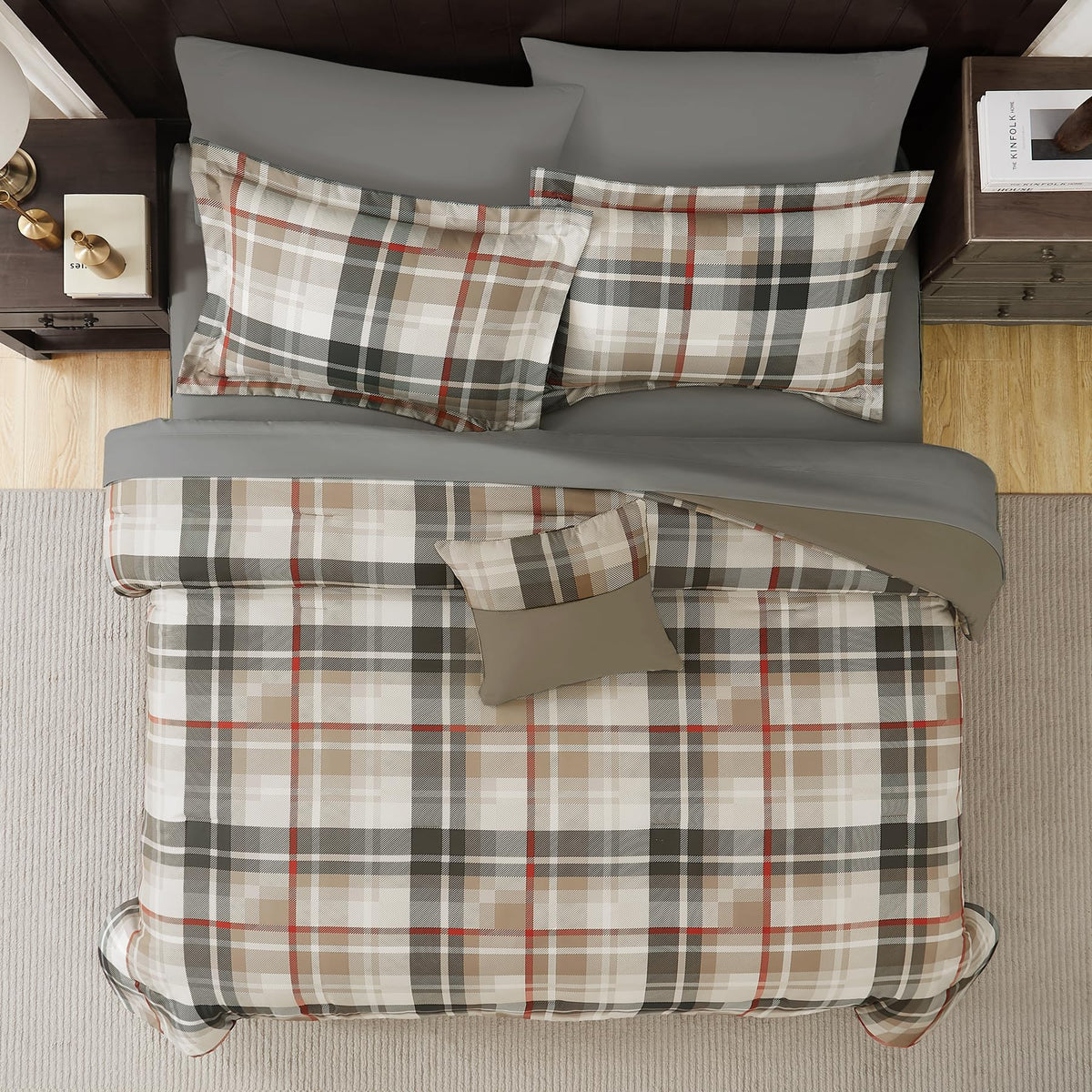 Plaid Comforter Set Khaki 7 Pieces Farmhouse Bed in a Bag