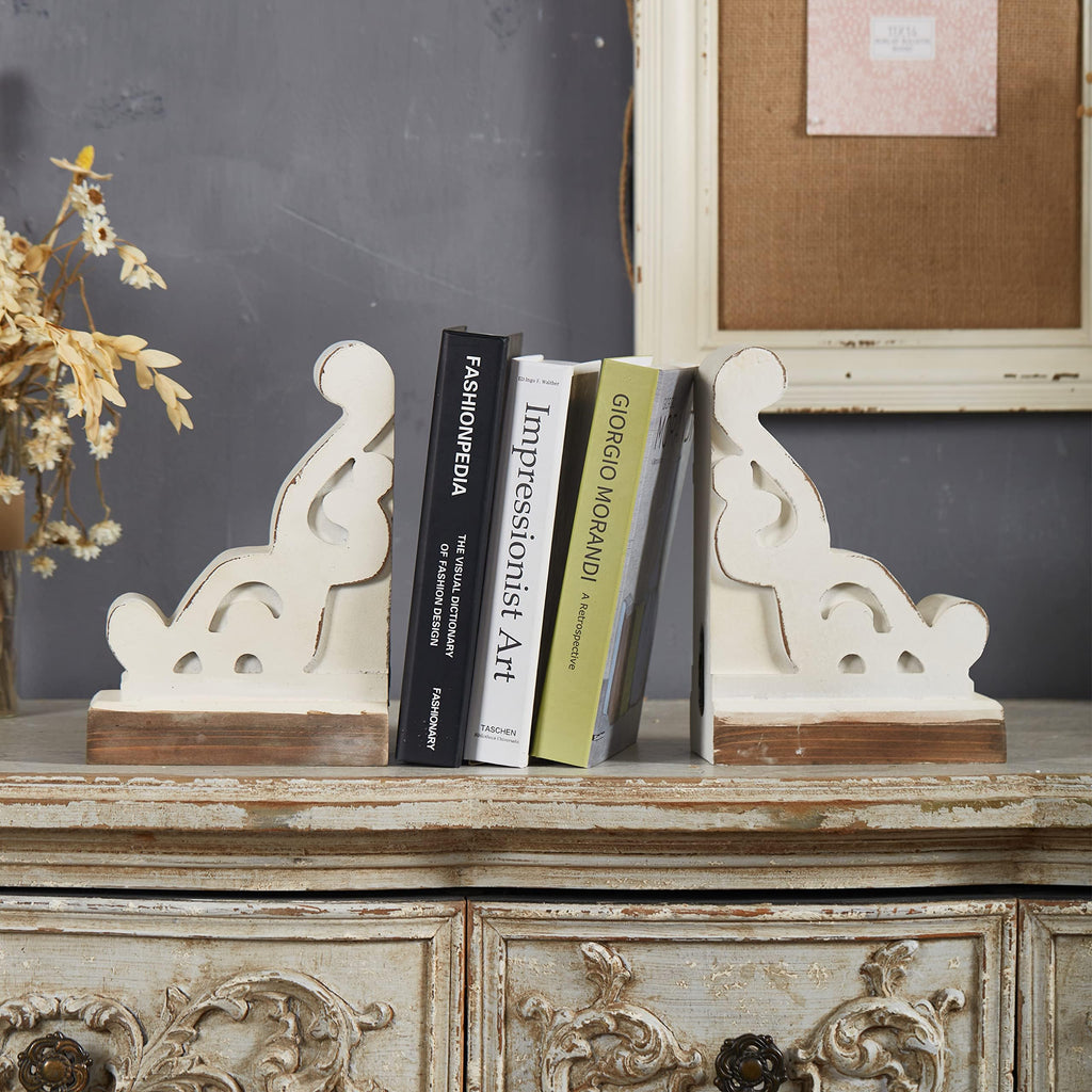 Rustic White Wood Bookends Decorative, Distressed Corbels for Shelves