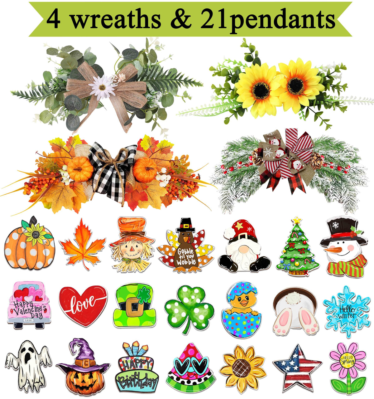 Interchangeable Welcome Sign for Front Door with 4 Seasonal Wreaths 21 Changeable Icons, Farmhouse Rustic Outdoor