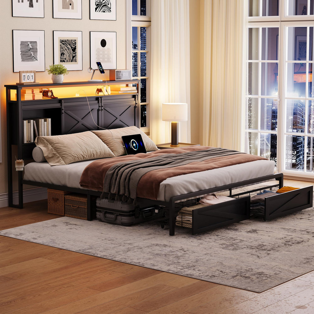 Farmhouse Bed Frame and Headboard with Storage Drawers & LED, Bed with Sliding Barn Door Storage