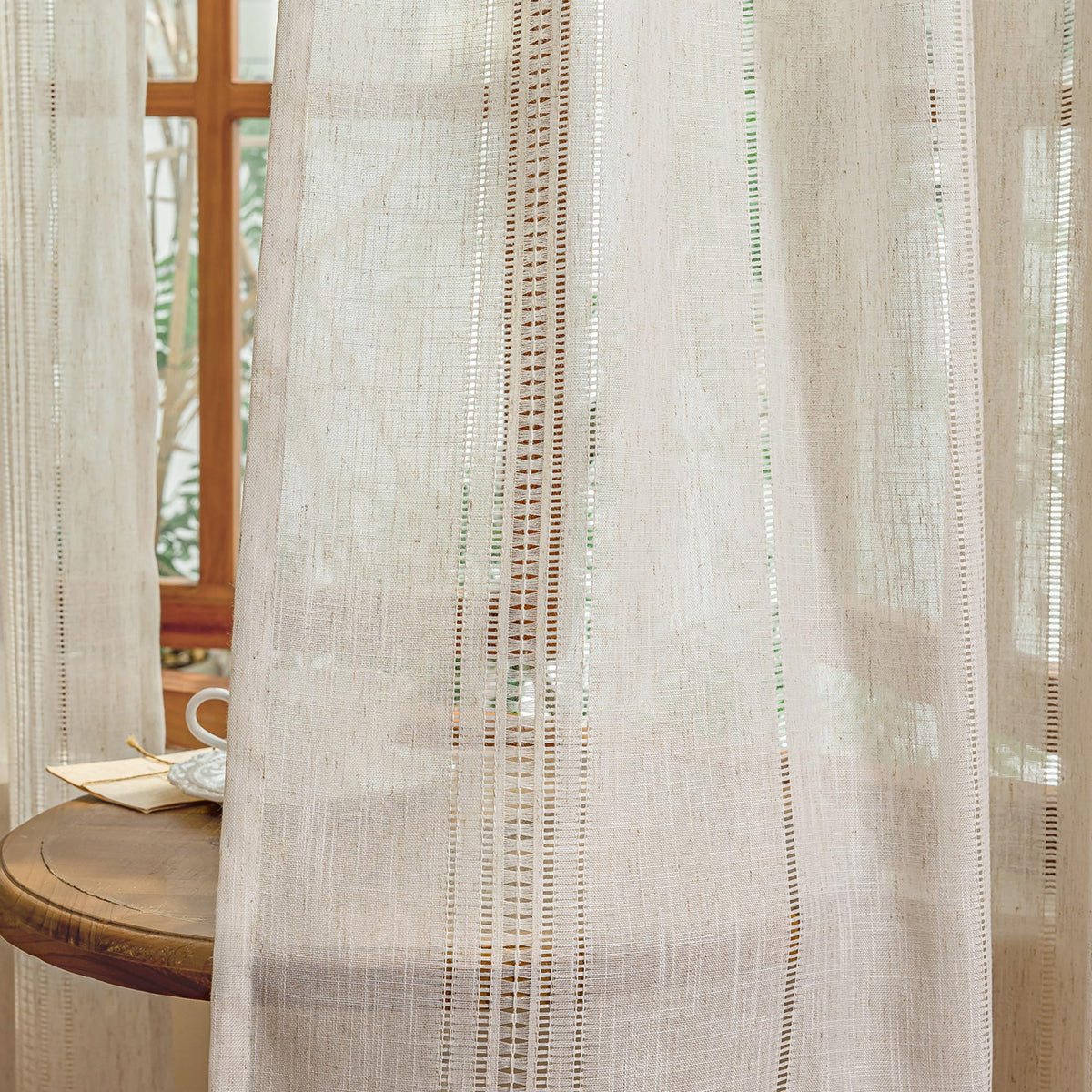 Natural Linen Boho Curtains 84 Inches Long Light Filtering Semi Sheer Privacy Drapes, Farmhouse Rustic Hollowed-Out