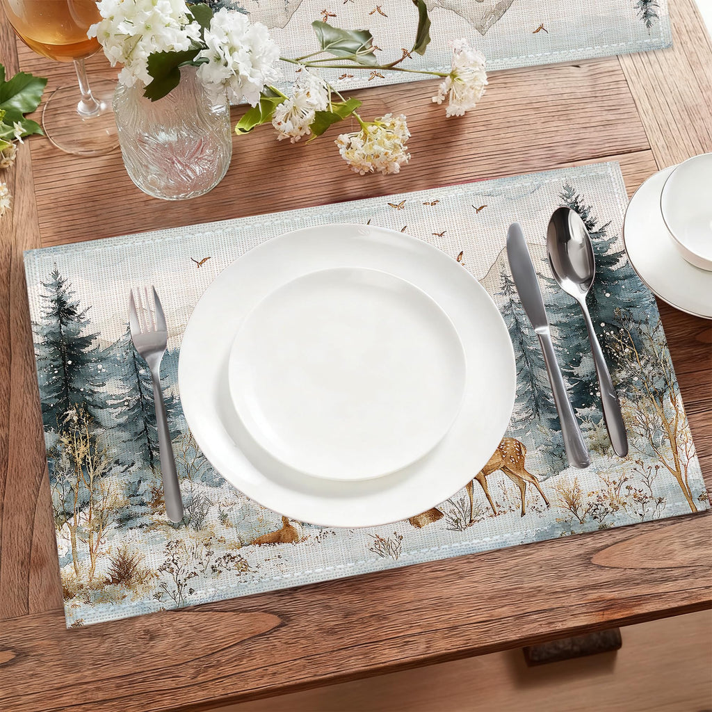 Winter Forest Fabric Placemats,Cute Deer Snow Mountain Table Placemats Set of 6 Cloth Place Mats, Washable