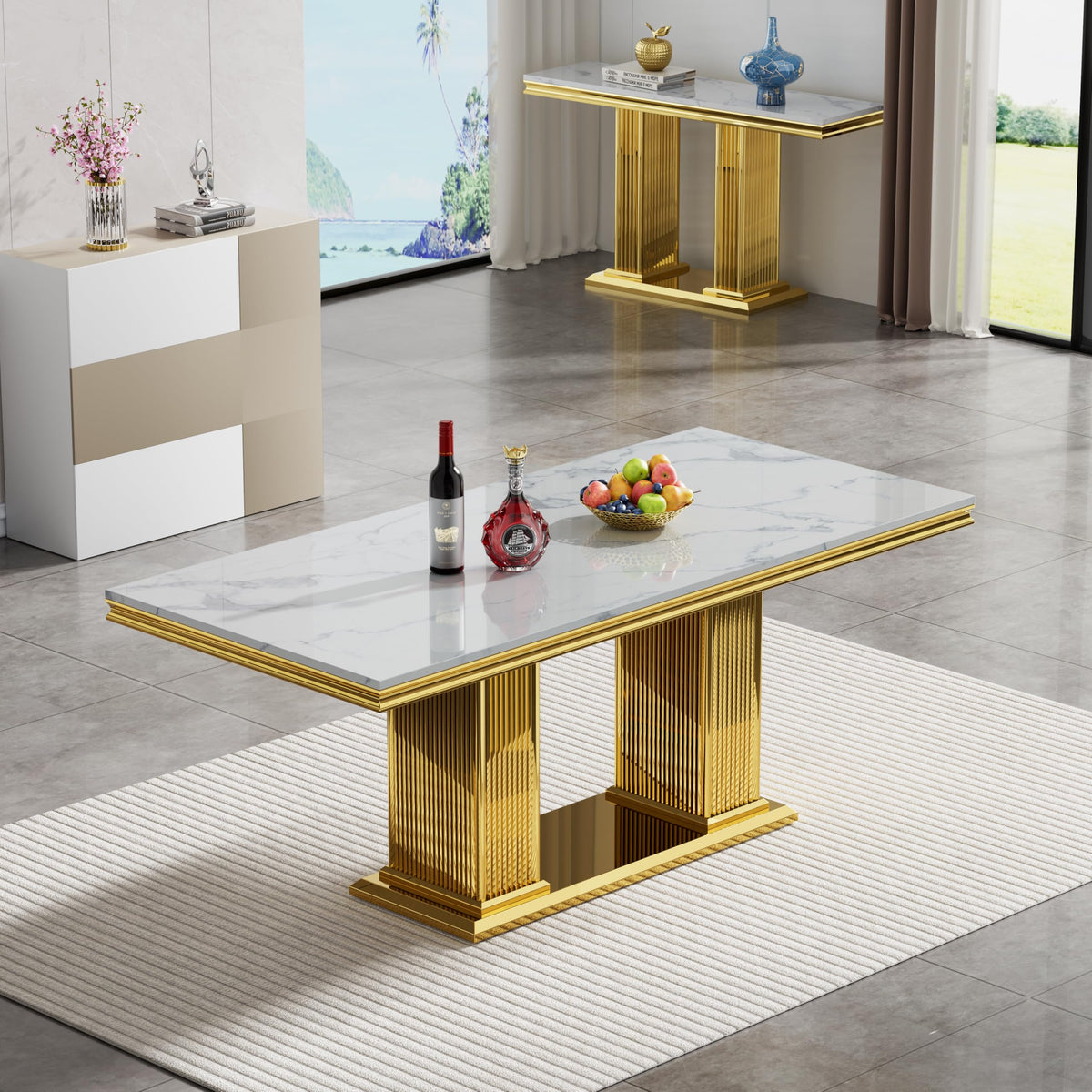 68 in Faux Marble Dining Table for 4-6, White Marble Dining Table with Gold Stainless Steel Base, Luxury Rectangular