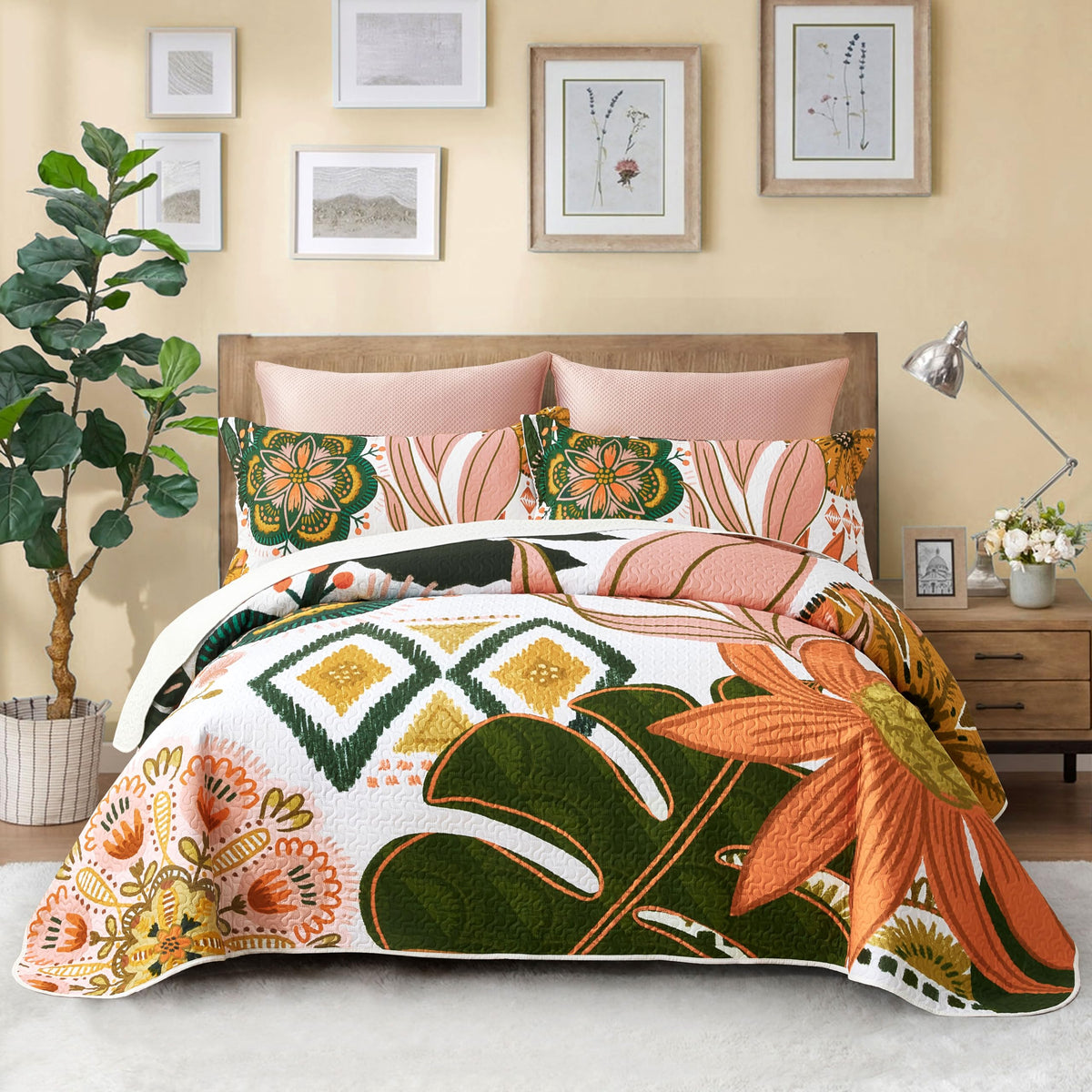 3 Piece Boho Floral Full/Queen Quilt Bedding Sets