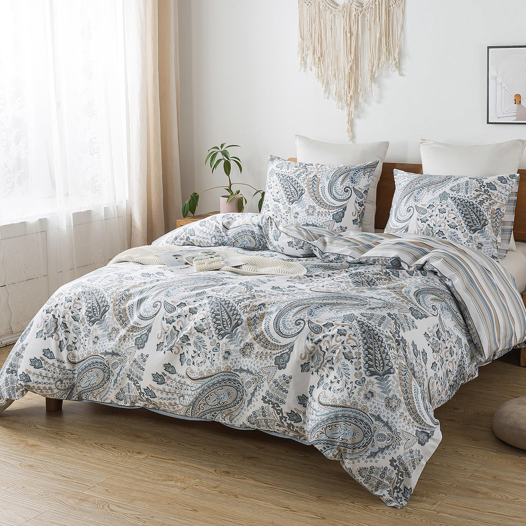 Cotton Duvet Cover Queen - 3pcs Paisley Comforter Cover, Soft & Breathable Floral Bedding Duvet Cover Sets with