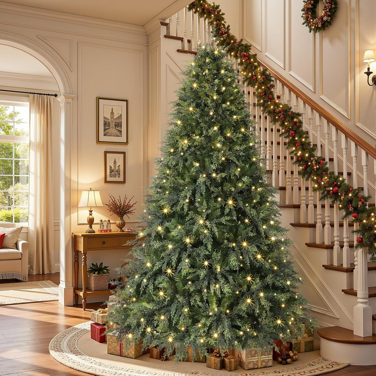Prelit Artificial Cypress Christmas Tree, Dual Color Lights