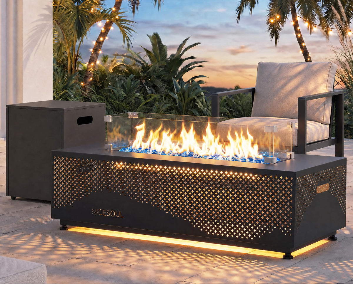42'' Propane/Natural Gas Fire Pit Table, Rectangle Firepits with Tank Table, 50000 BTU Modern Outdoor Fireplace with
