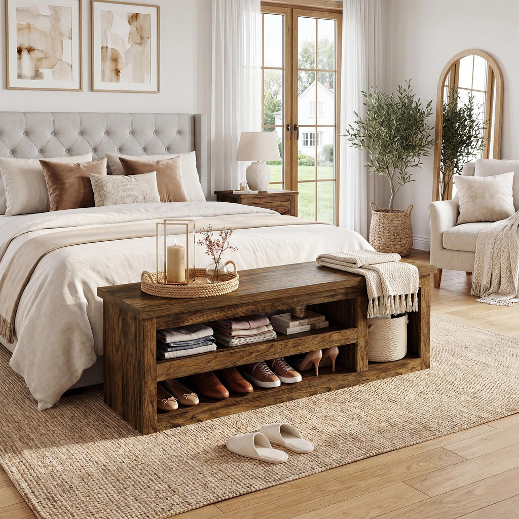 63" Entryway Bench, Farmhouse Shoe Storage Bench with Shelves