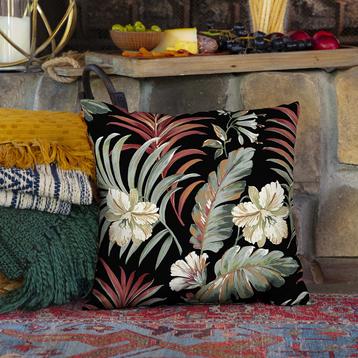 Outdoor Toss Pillow, 4-Pack, 16x16, Black Tropical