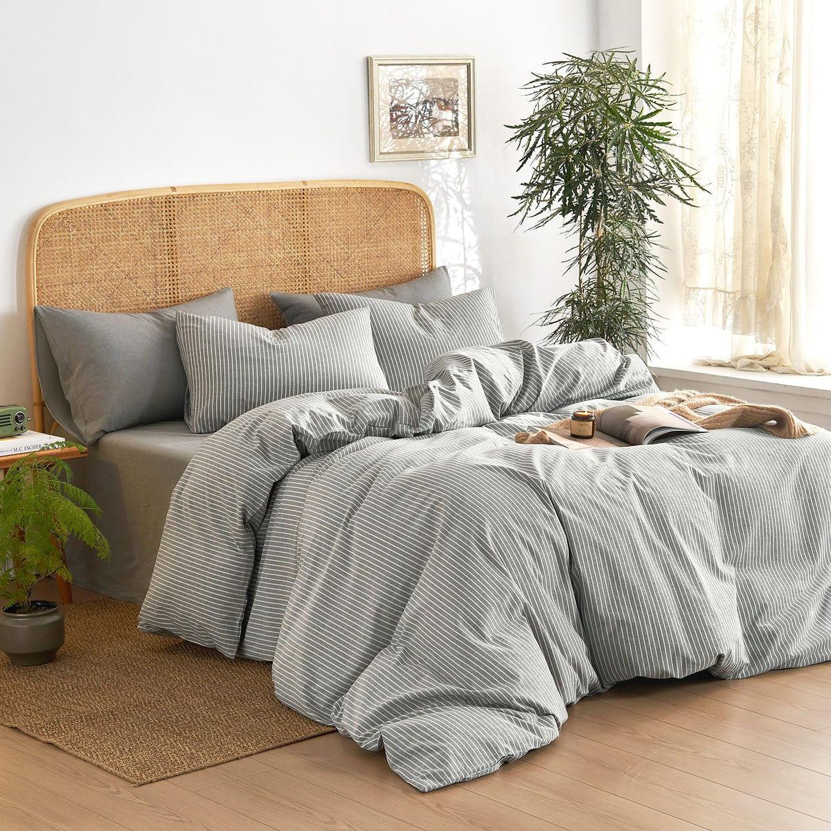 Striped Cotton Duvet Cover Set, Grey