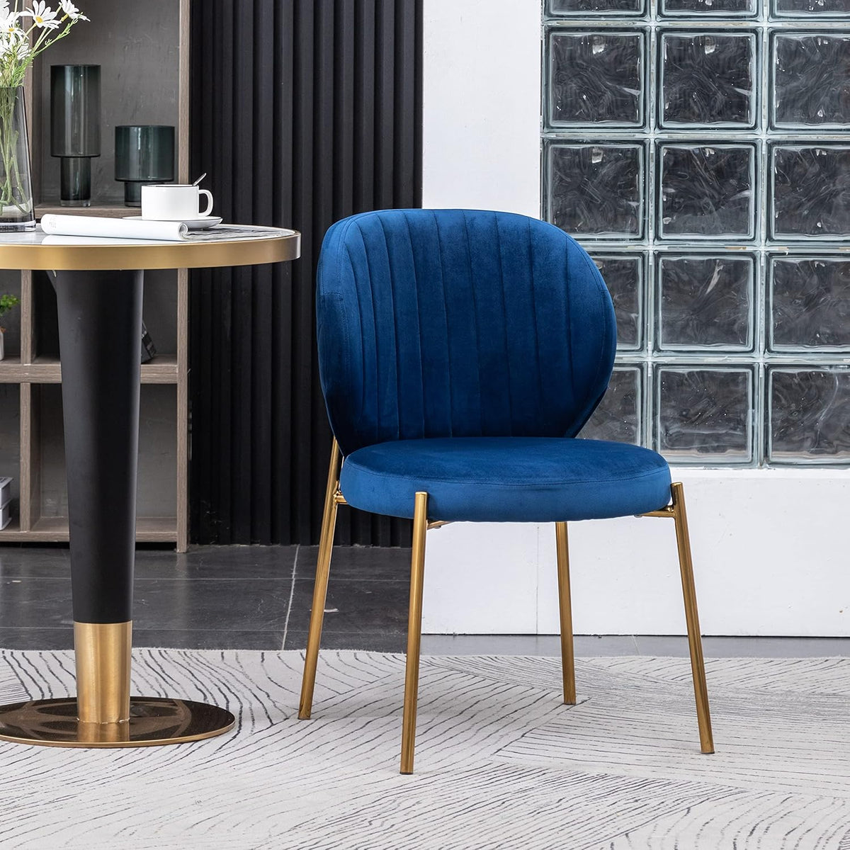 Amoa Contemporary Golden Metal Legs with Velvet Upholstered Dining Chairs Set of 2, Blue