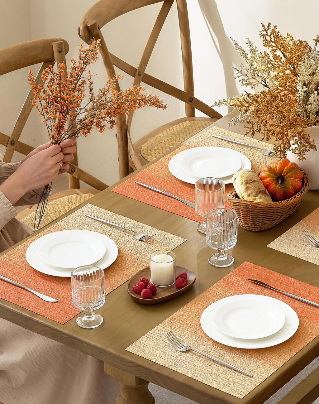Woven Vinyl Fall Placemats Set of 12, Gradient Burnt Orange