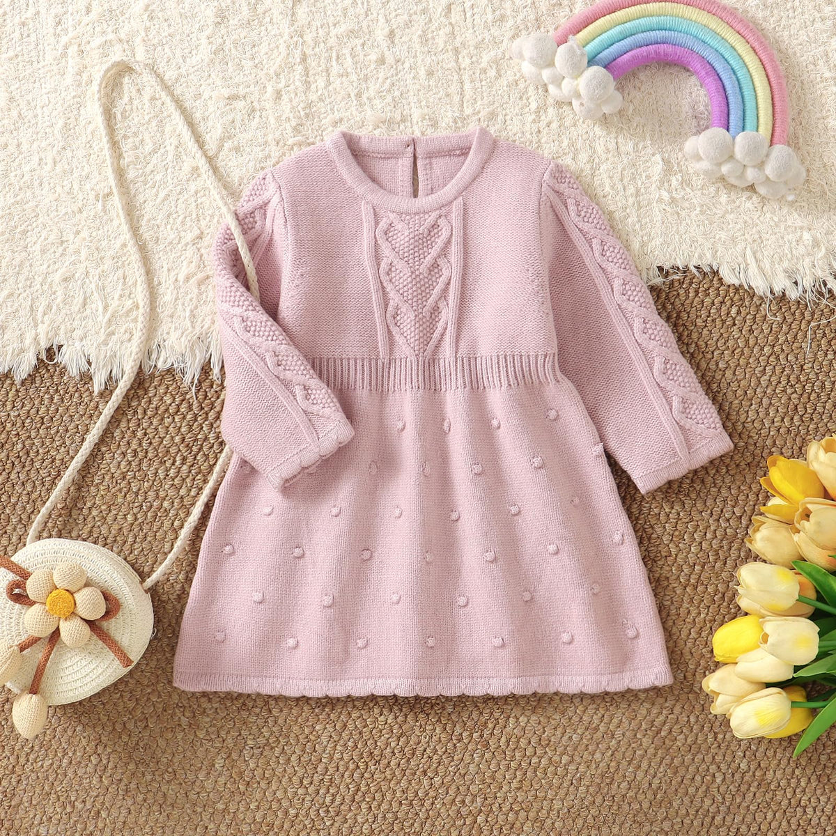 Toddler Baby Girl Sweater Dress Pompoms Long Sleeve Pink