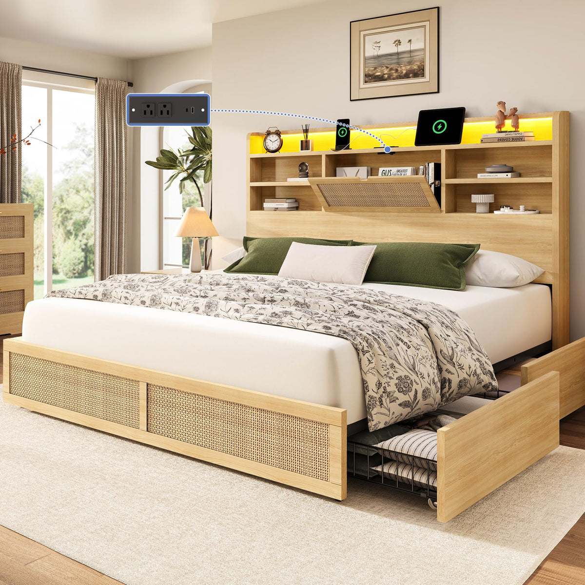 King Size Rattan Bed Frame with 4 Storage Drawers and 51.3" Tall Hidden Storage Headboard Wooden Platform Bed Frame