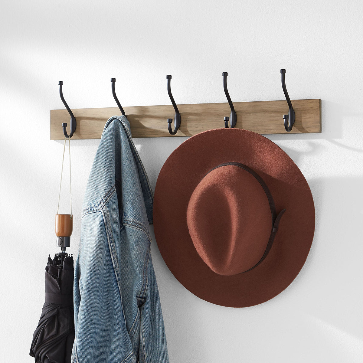 Rectangular Farmhouse Wall-Mounted Coat Rack, Storage Organizer, 5 Hooks, Barnwood
