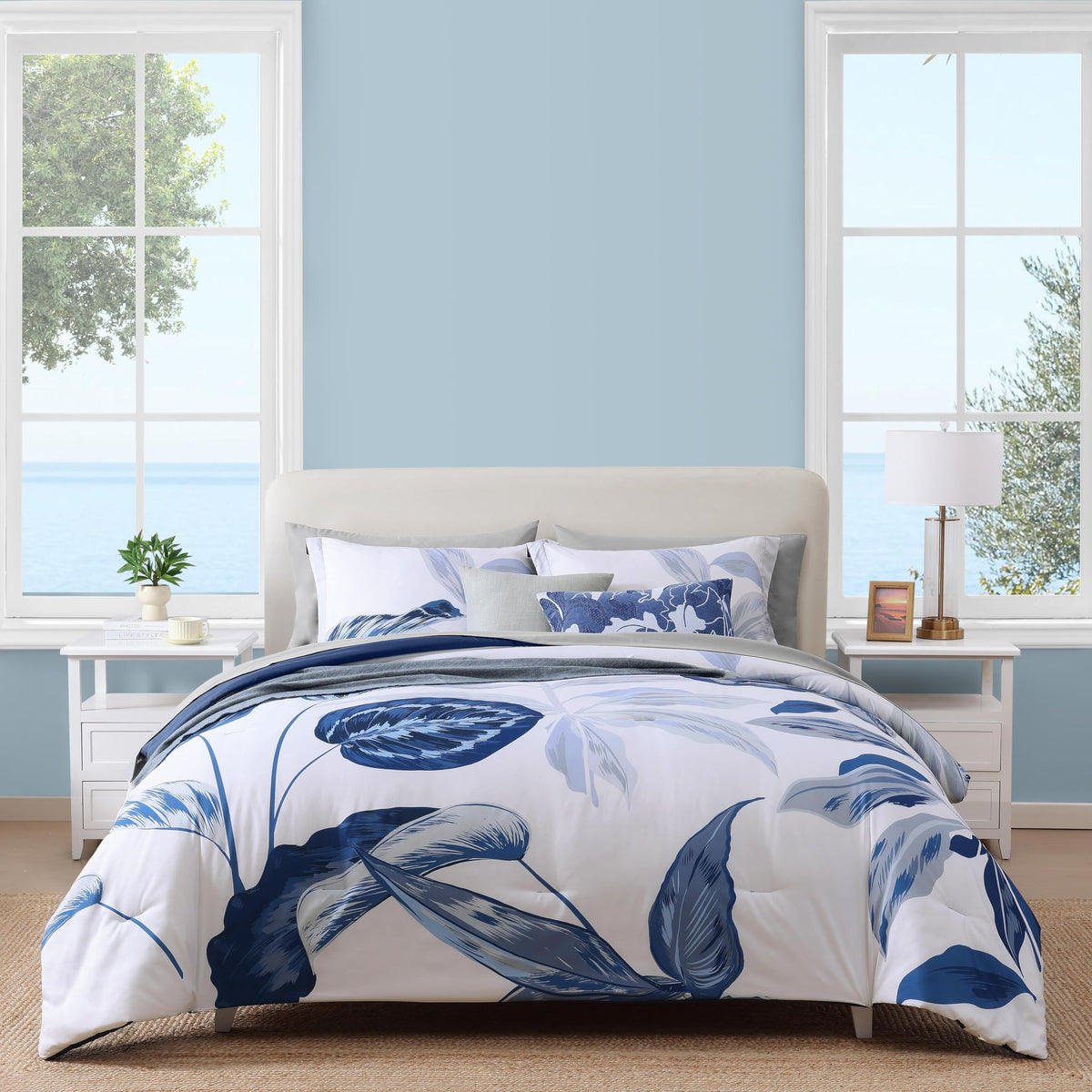 Comforter Set- 7 Pieces Blue Tropical Leaves Soft Bedding Sets, Coastal Bed in a Bag, Botanical Printed
