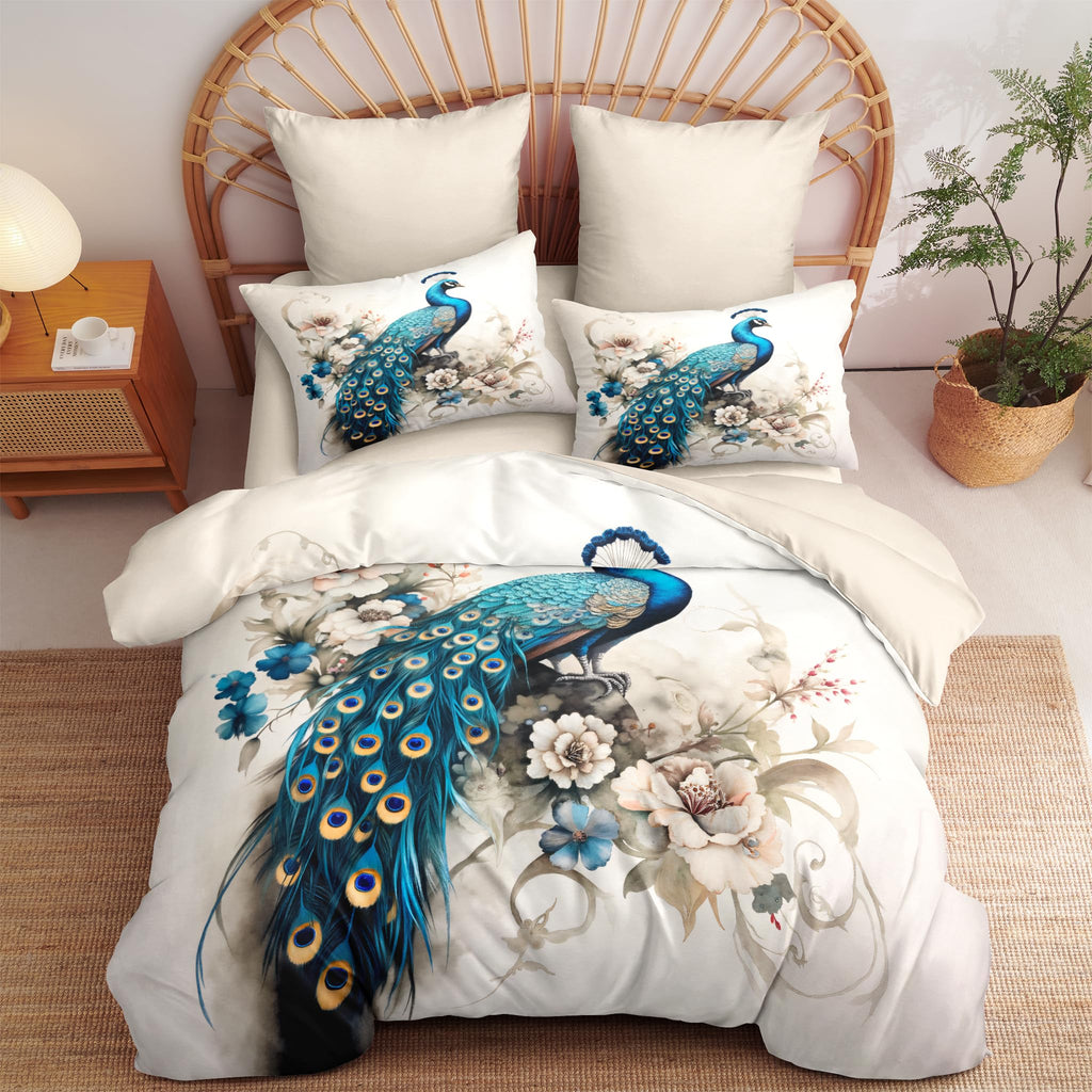 Victorian Bird Floral King Comforter Set Peacock Bedding Set for Women Girls Teal Peacock Feather Decor Quilt Set
