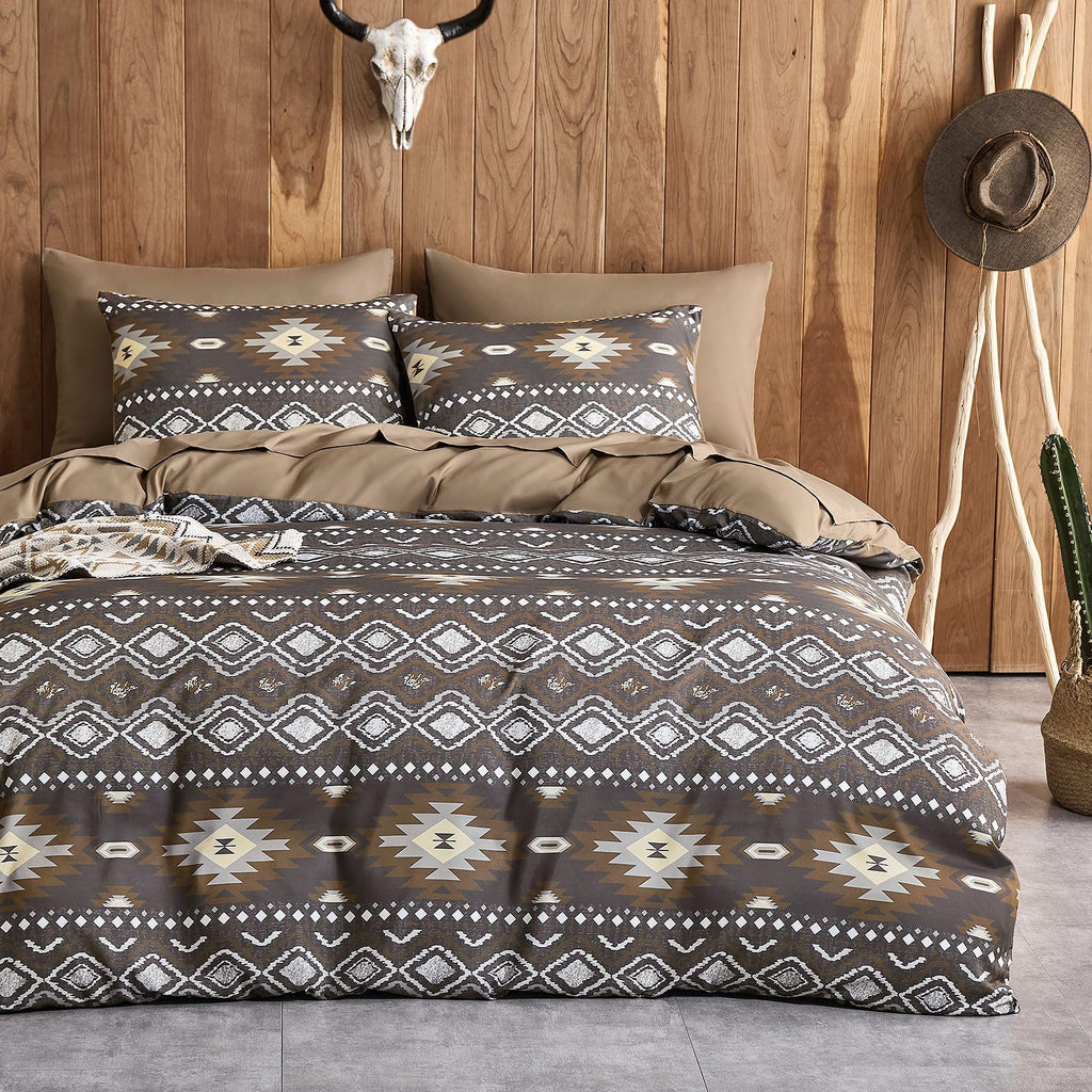 Comforter Set, Southwestern Aztec Country Style with Rustic Ranch Vibe, Soft Lightweight Bedding, 3 Pieces, Taupe