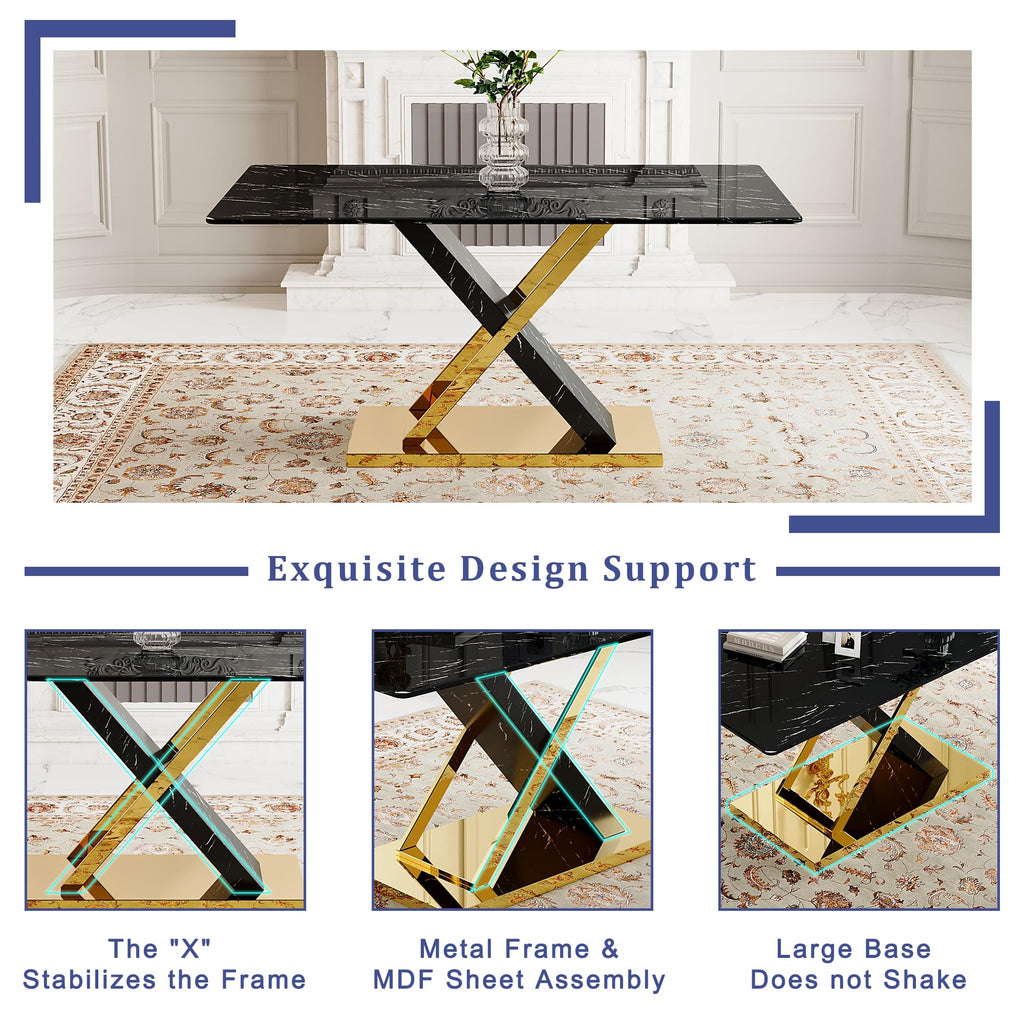 Chromeplate Marble Dining Table Set for 6 with Grey Gold Chairs