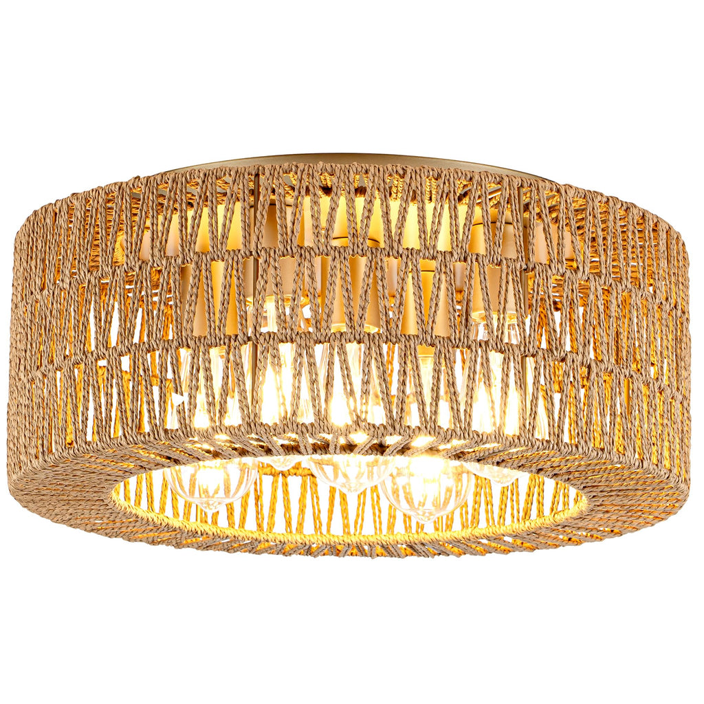 18" Rattan Light Fixture, 5-Light Boho Ceiling Light, Gold Flush Mount Ceiling Light