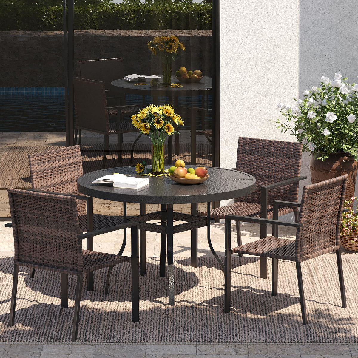 Stackable Patio Chairs Set of 4, Wicker Outdoor Chairs, All-Weather Rattan Dining Chairs with Deep Seat & Armrests