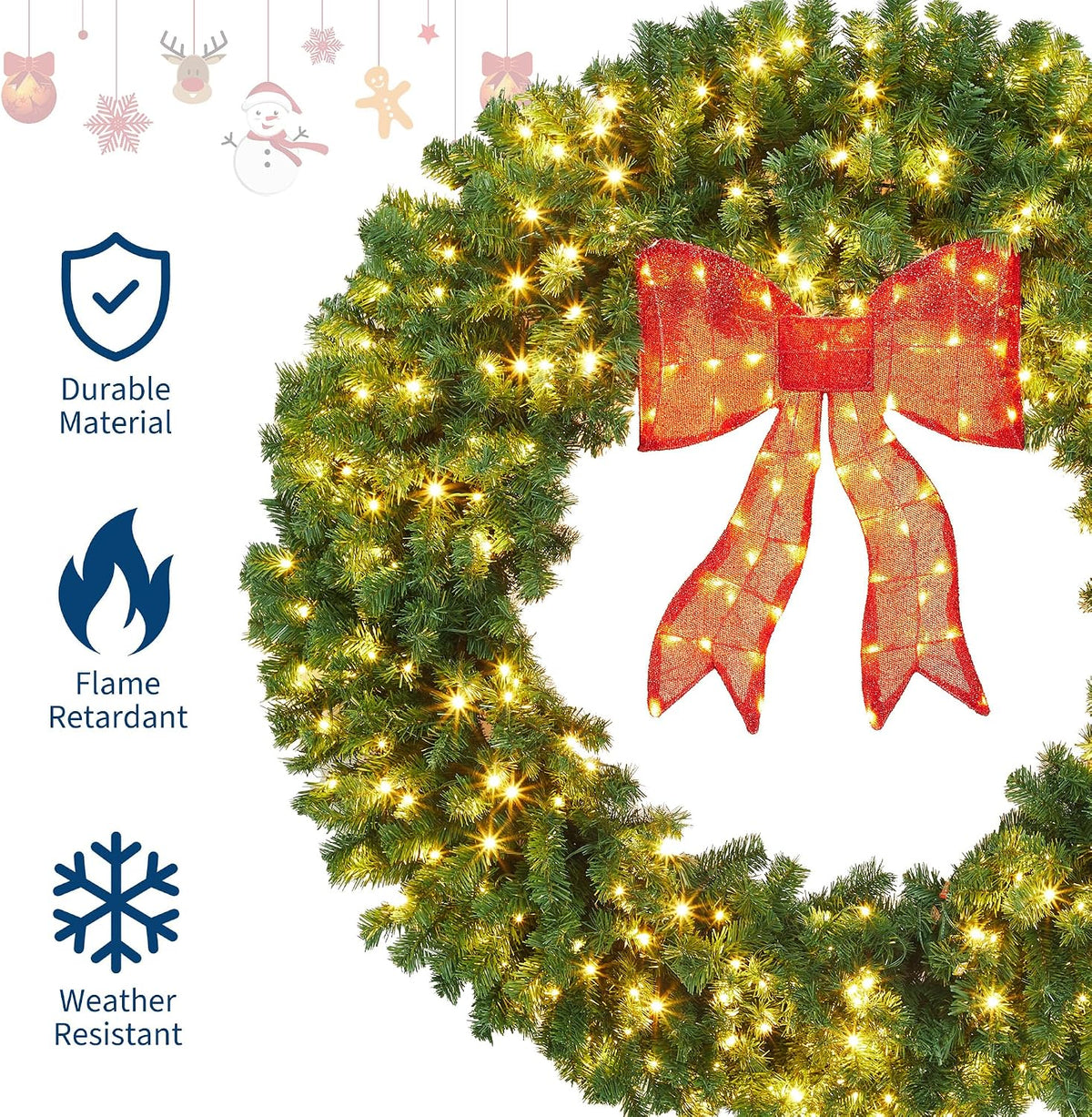 48in Pre-Lit Artificial Christmas Wreath with Bow