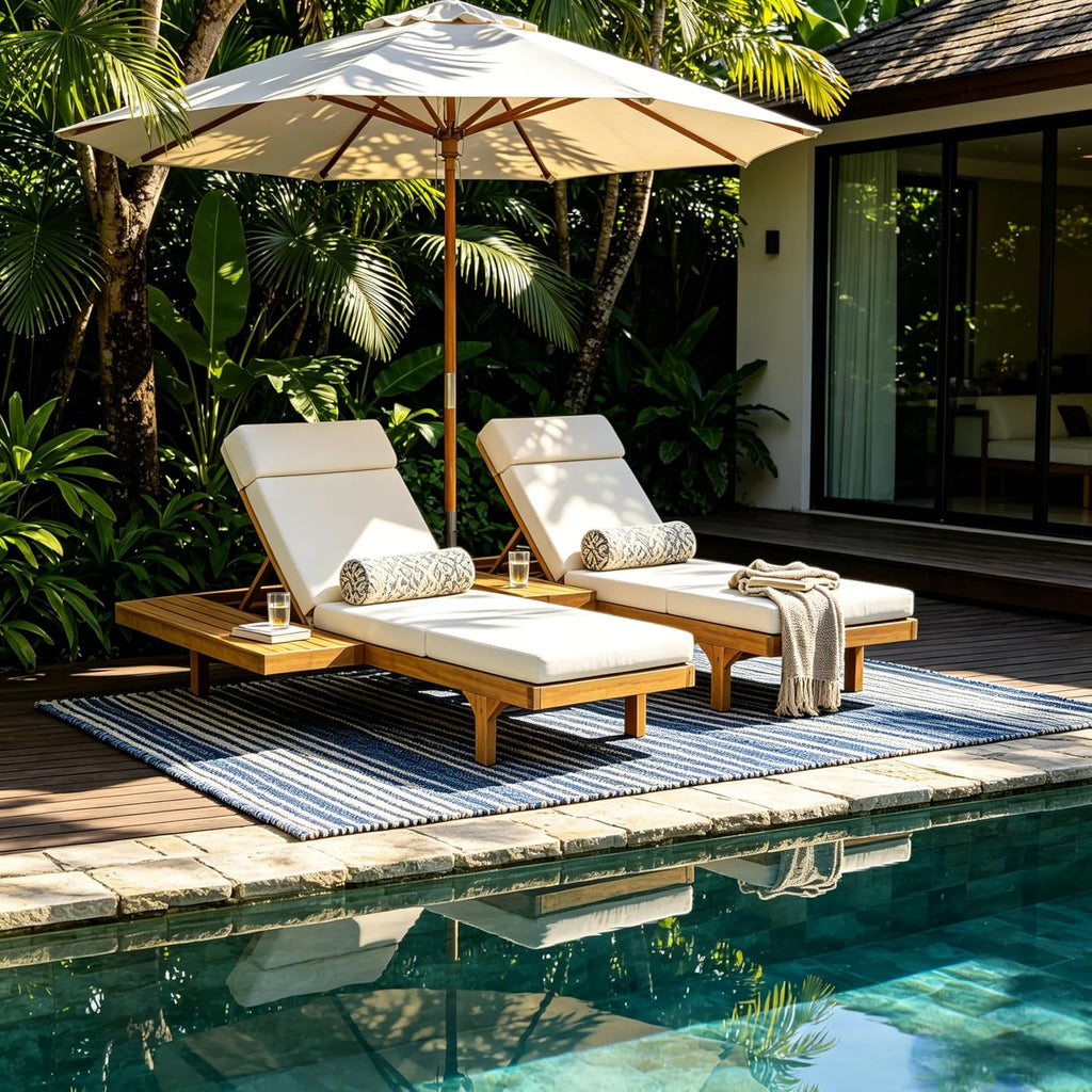 Acacia Wood Chaise Lounge Chair Set of 2, Double/Single Outdoor Sunbathing Pool Lounger with 4'' Four-Folds Cushion