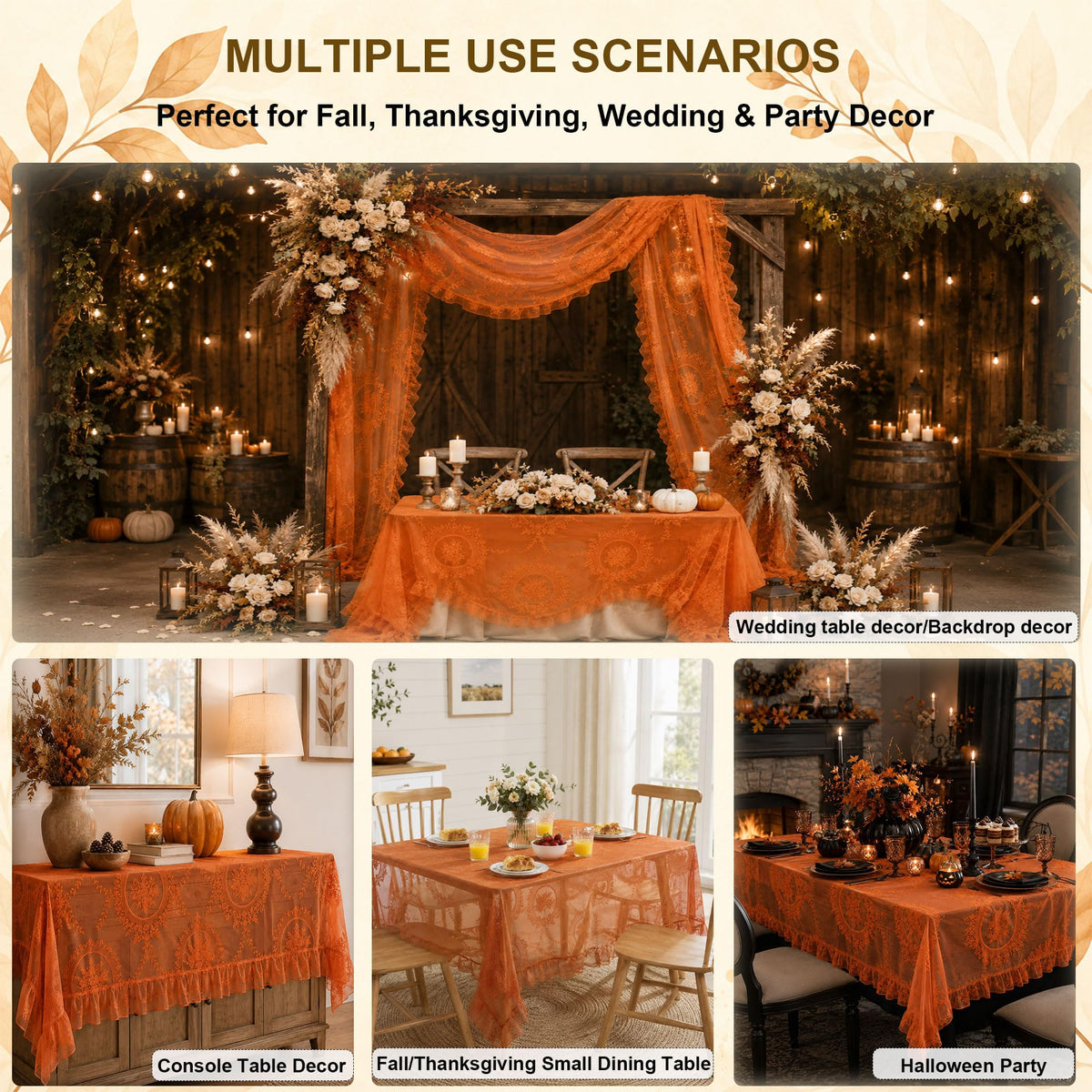 Orange Fall Lace Tablecloth, Vintage 55"x40" Rectangular Table Cloth