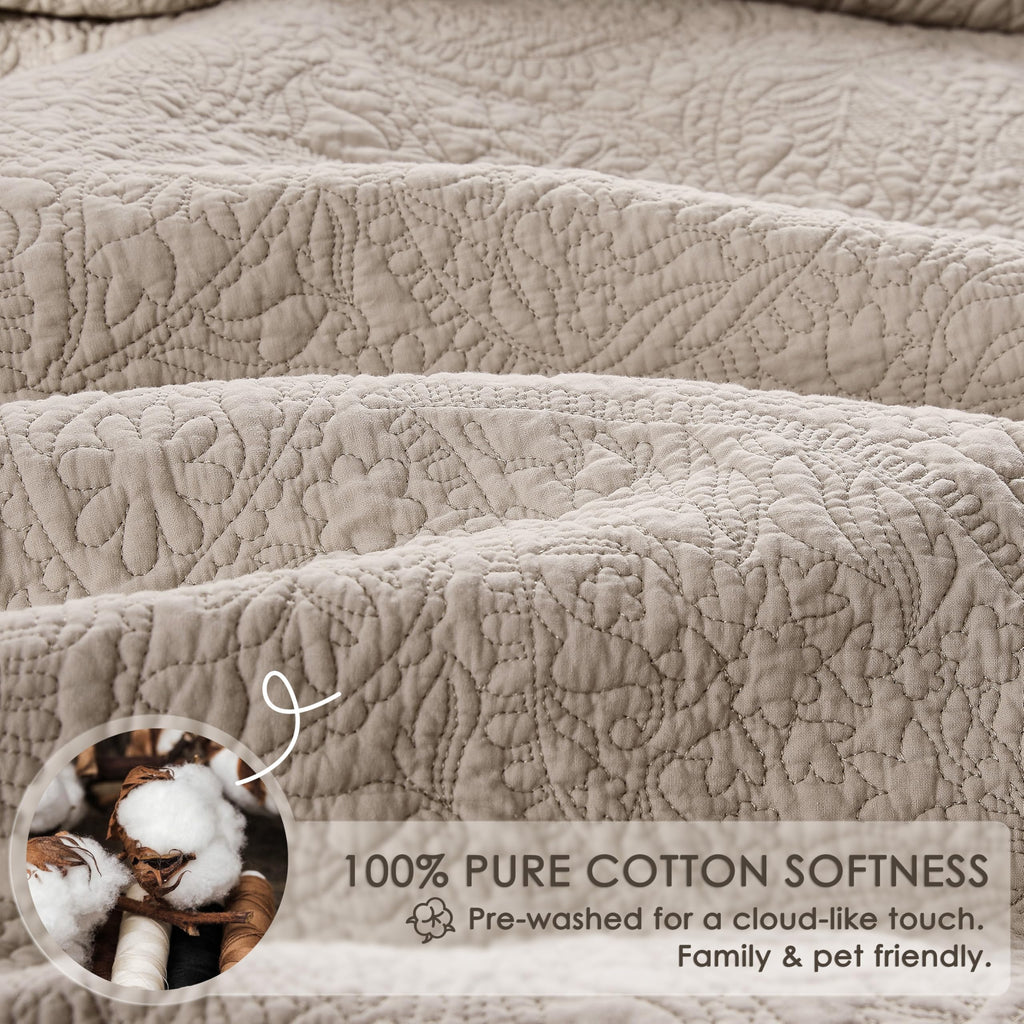 Queen 100% Cotton Paisley Quilt Bedding Set Beige Comforter