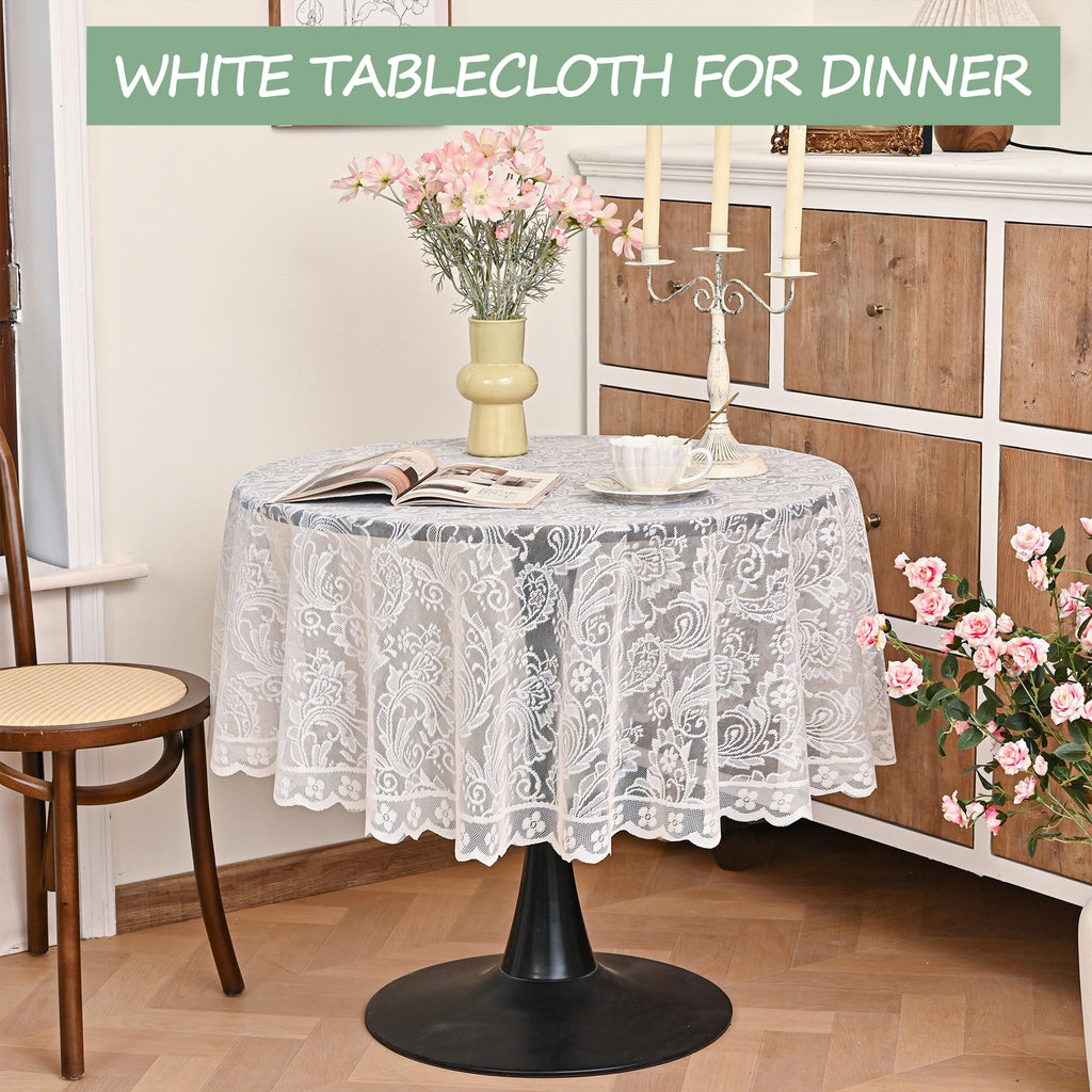 Round Lace Tablecloth Floral Design, French Vintage Scalloped Edge Embroidery Table Cloth for Wedding, Dinner