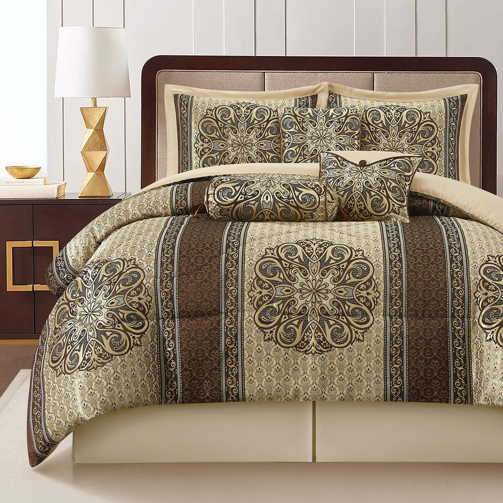 Queen Comforter Set, Brown Medallion Jacquard Design, Luxurious Bohemian 7 Pieces Bedding Set with Decorative Pillows
