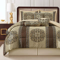 Queen Comforter Set, Brown Medallion Jacquard Design, Luxurious Bohemian 7 Pieces Bedding Set with Decorative Pillows