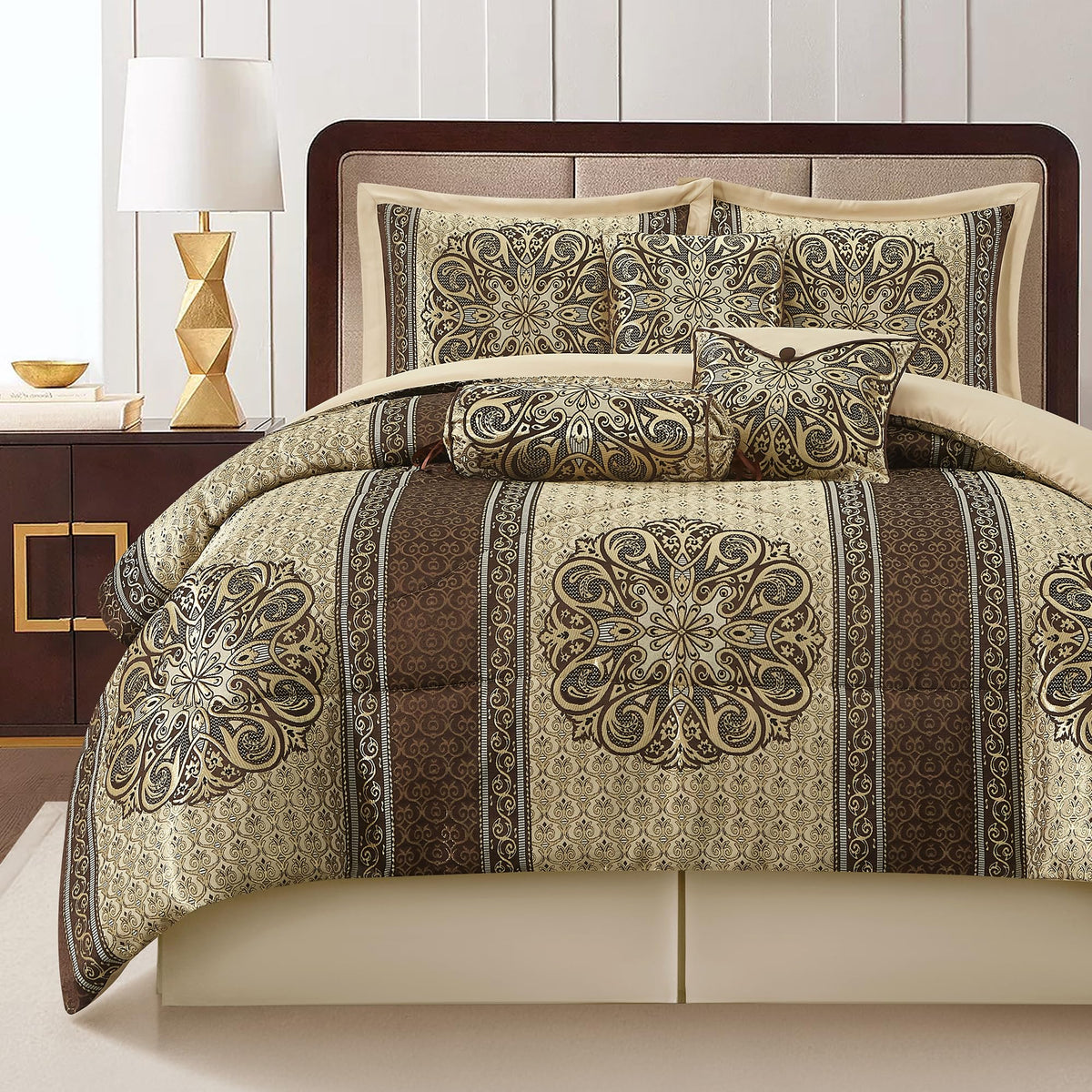 Queen Comforter Set, Brown Medallion Jacquard Design, Luxurious Bohemian 7 Pieces Bedding Set with Decorative Pillows