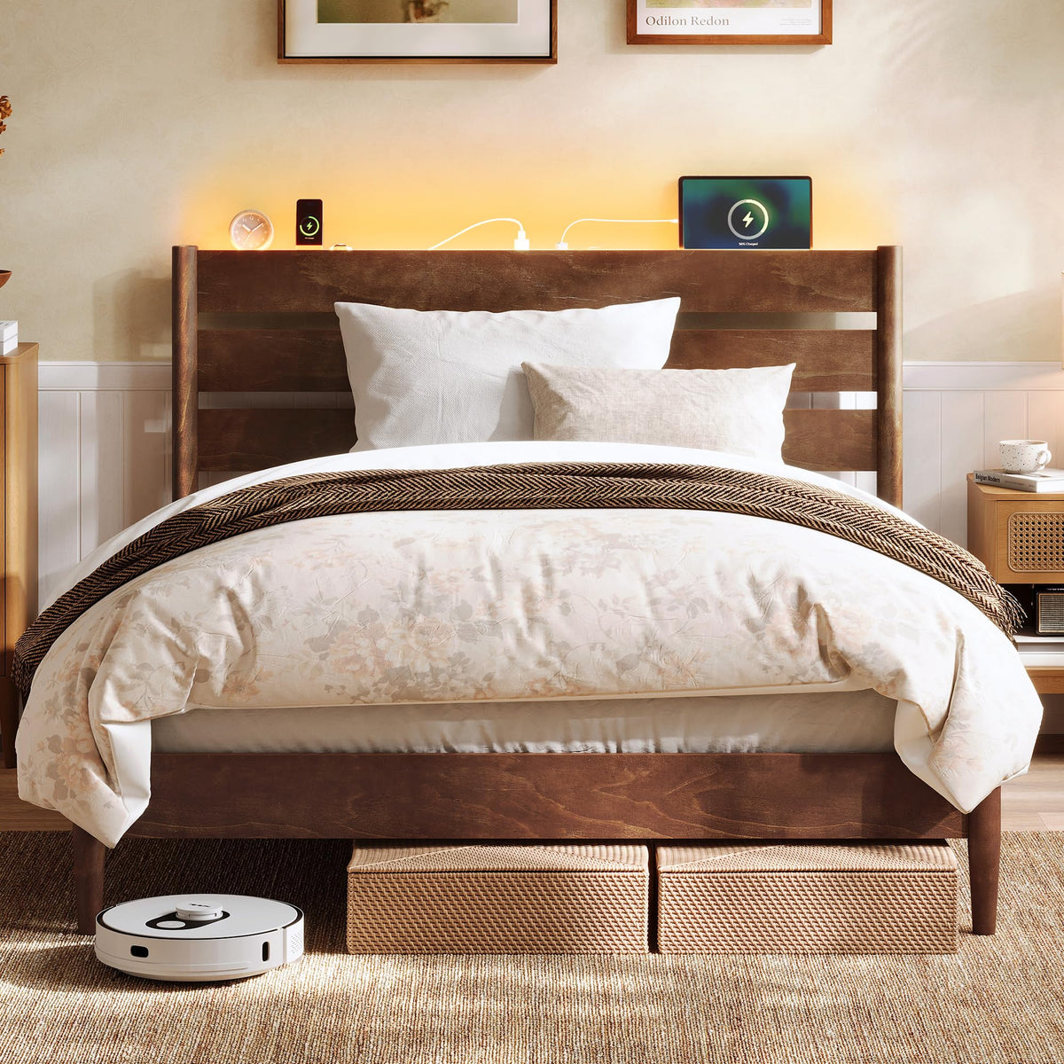 Full Bed Frame, Wood Platform Bed with Headboard Storage Shelf