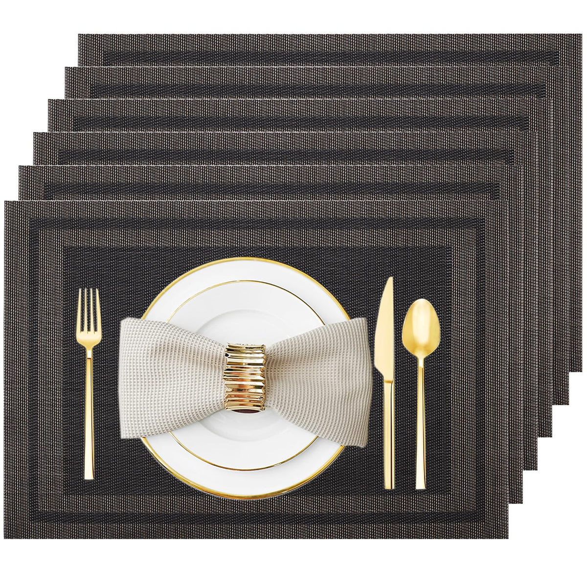 Black Gold Vinyl Placemats Set of 6, Heat Resistant Table Placemats