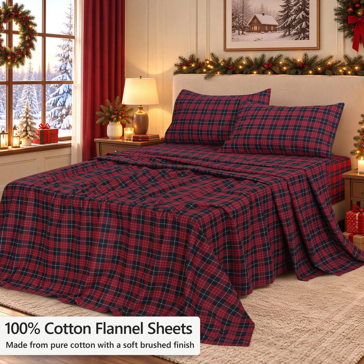 100% Cotton Flannel Sheets, 4 PCs, Red Buffalo Check