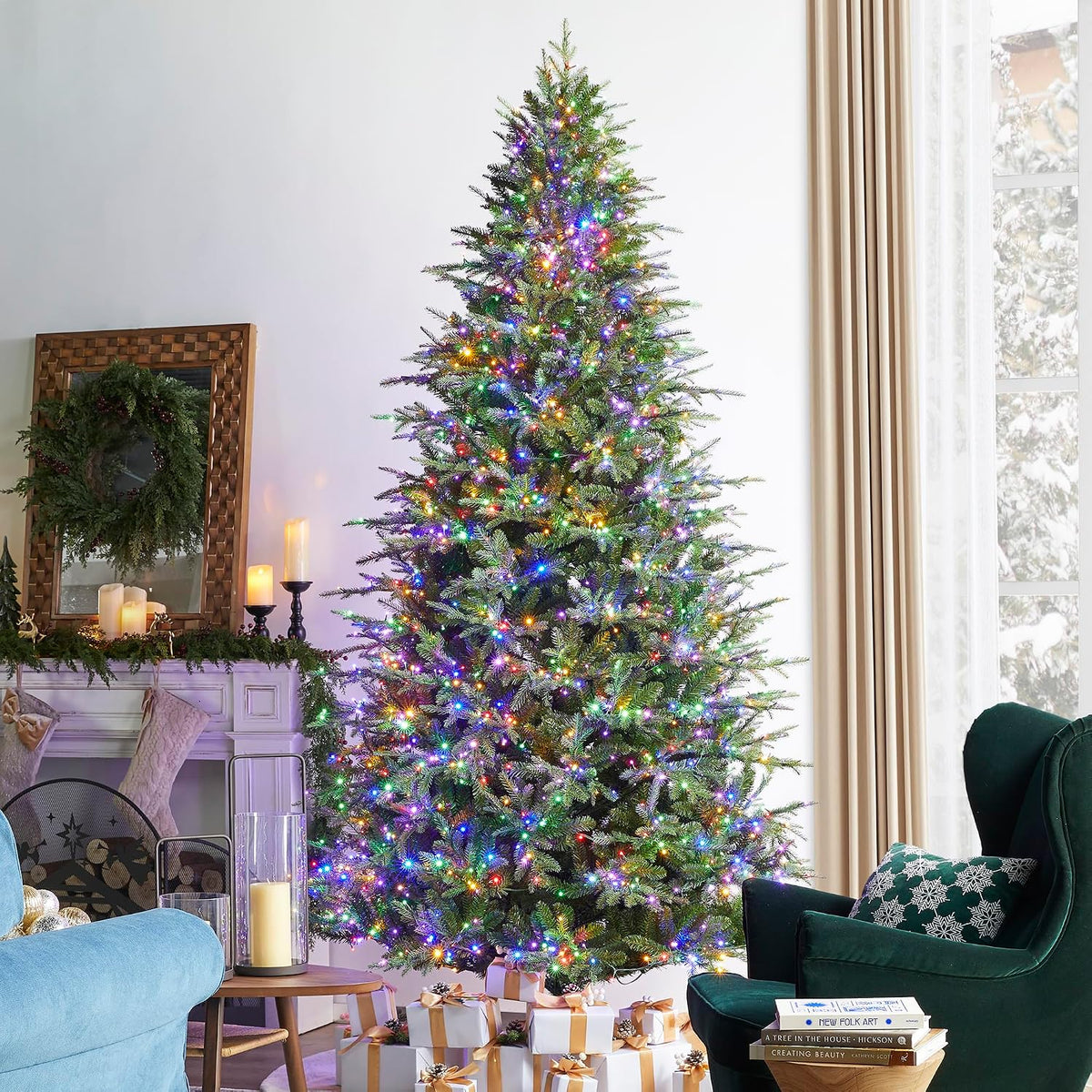 Artificial Christmas Tree, Prelit Hinged Holiday Tree Majestic Evergreen Fir Xmas Tree with 2450 Warm