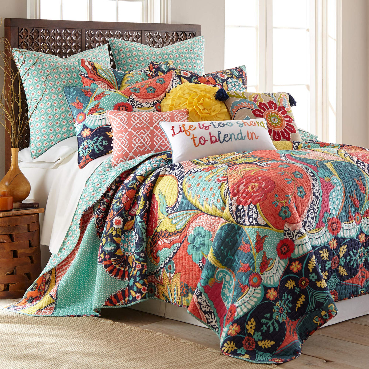 Jules Quilt Set - Quilt (106x92in.) + Two Pillow Shams (36x20in.) - Bohemian - Teal, Orange