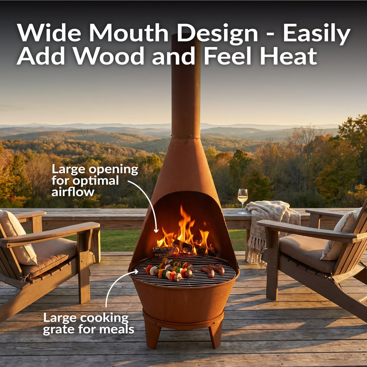 Large Chiminea Outdoor Fireplace with Grill Grate, Rustic, 58"
