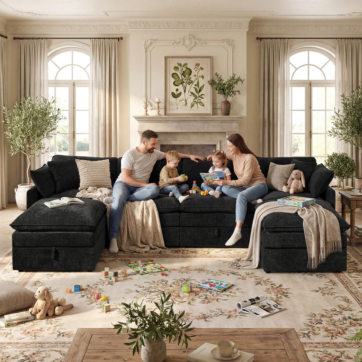 Modular Sectional Sofa with Storage Ottomans, 135" U-Shaped Cloud Couch, Comfy Modern Couches with Pillows &