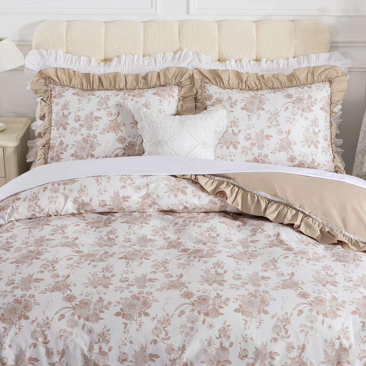 Ruffled Duvet Cover Set, 100% Cotton Brown Floral Bedding