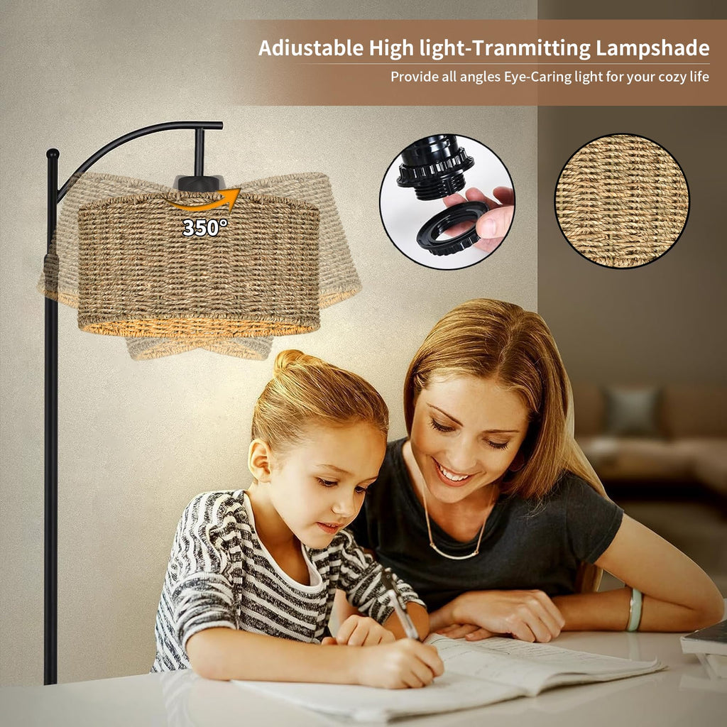 Arc Rattan Floor Lamp with Remote, Black Floor Lamps with 3 Color Temperature Dimmable Bulb, Farmhouse Boho Standing