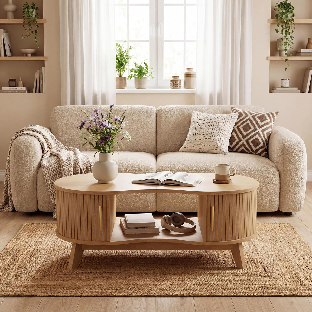 Coffee Table, Dual Oval Coffee Table with with Storage Cabinet and Sliding Tambour Door, 2-Tier Open Storage Shelf